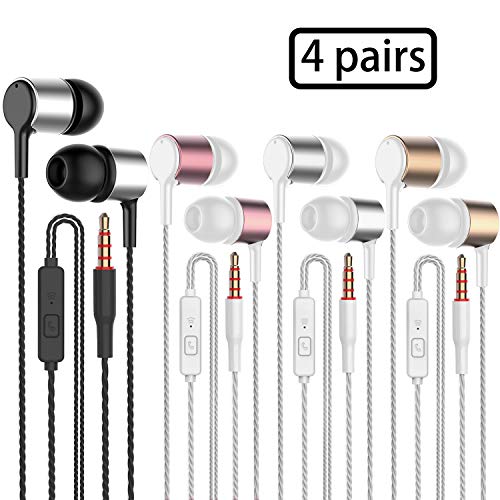 Product Cover 4 Pairs Earbud Headphones with Remote & Microphone in Ear Earphone Stereo Sound Noise Isolating Tangle Free,Fits All 3.5mm Interface Device (Black+Silver+Gold+Pink)