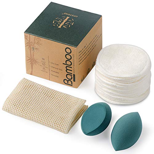 Product Cover 16 Bamboo Organic Reusable Makeup Remover Pads | Washable and Eco-Friendly | 2 Makeup Flawless Blending Sponge | Soft, Latex Free | 1 Cotton Laundry Bag | For All Skin Types