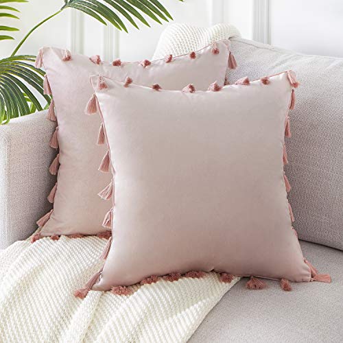 Product Cover Topfinel Boho Decorative Throw Pillow Covers with Tassels for Couch Bed Sofa Soft Velvet Cushion Covers 16 x 16 Inch 40 x 40 cm, Pack of 2, Blush Pink