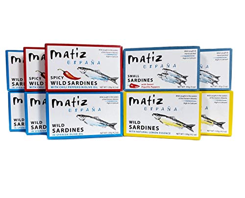 Product Cover Matiz Sardines Variety Pack, Wild Caught Spanish Waters | 10 Tins | In Olive Oil, Sweet Piquillo Pepper, Spicy Piri Piri Pepper and Lemon Essence