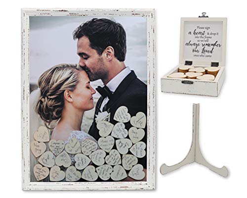 Product Cover PMPX Vintage White Guest Drop Top Frame with Stand Guest Book Alternative with Wood Hearts, Matching Box with Message Inside The Lid. Weddings, Bridal or Baby Shower, Anniversary, or Special Event.