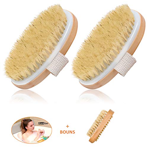Product Cover Body Exfoliating Brush - Dry Brushing for Cellulite and Lymphatic Natural Boar Bristle Clean Dead Skin Massage Brush with Free Nail Brush （Pack 2）
