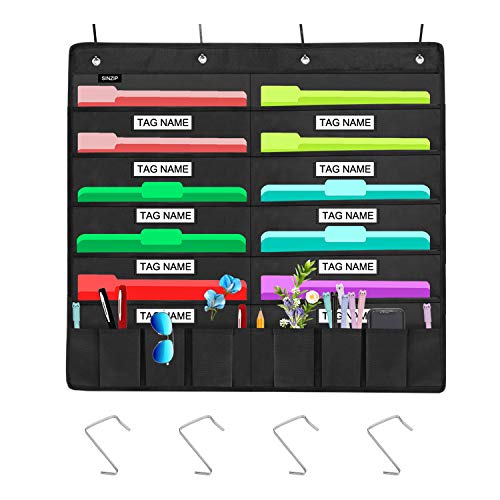 Product Cover Sinzip Heavy Duty 10 Pocket Door Hanging File Organizer with Name Tag Holders, Black Wall Storage Pocket Charts with 4 Hangers, Great for Classroom, School, Home or Office Use (10 Nametag Pocket)