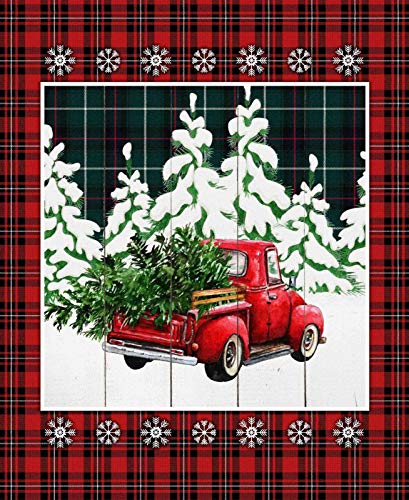 Product Cover Red Truck Over The River Christmas Holiday Plaid Snowflakes 36 x 44 inches Panel by Springs Creative 100% Cotton Fabric Sold by Panel