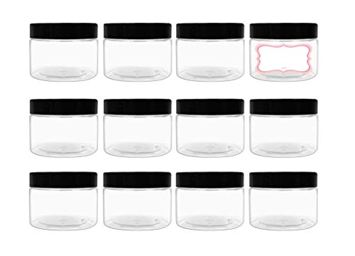 Product Cover ljdeals 12-Pack 4oz Clear PET Plastic Jars with Lids and Inner Liners, Refillable Empty Round Containers, BPA Free, Bonus 12 Artistic Labels