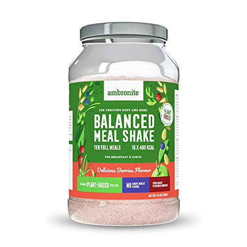 Product Cover Ambronite Balanced Meal Shake, Delicious Berries Flavor, Makes Ten Full 400 kcal Meals, 20 Grams of Plant-Based Protein, No Dairy, Wheat, or GMOs, 34oz