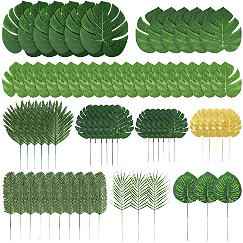Product Cover Auihiay 70 Pieces 10 Kinds Artificial Palm Leaves Tropical Leaves Decorations for Jungle Party Decorations Beach Birthday Luau Hawaiian Party Decorations