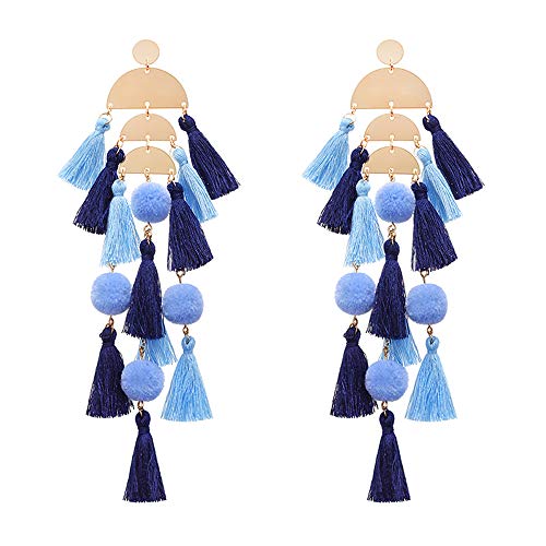 Product Cover Beaded Tassel Earrings for Women - Statement Handmade Beaded Fringe Dangle Earrings, Idea Gift for Mom, Sister and Friend (L-Blue)