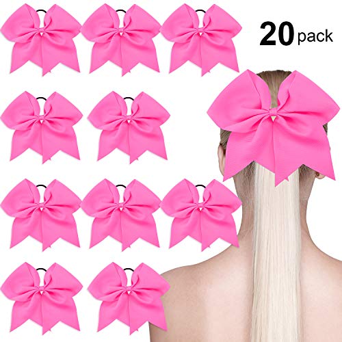 Product Cover 20 Pack Valentine's Day Cheerleading Hair Bow Ponytail Holder Large Bow Hair Tie for Cheerleader Girls, Hot Pink, 7 Inch