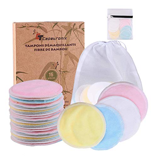 Product Cover Reusable Makeup Remover Pads| Bamboo Fiber Organic Cotton Pads Face| Face Cleaner and Eyes Make Up Remover Pads Zero Waste Washable| for All Skin Types | 1 Laundry Bag+1 Storage Bag| 16 Pcs