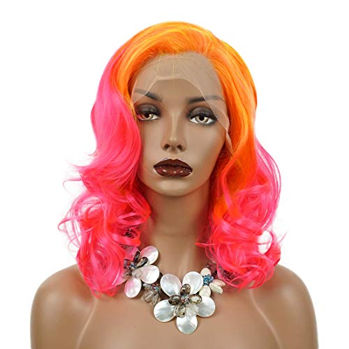 Product Cover Wiginway Orange Pink Synthetic Lace Front Wig With Side Parting 14 Inch Drag Queen Wavy Wig Ombre Short Bob Wigs For Black Women