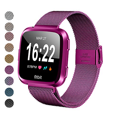 Product Cover MEFEO Compatible with Fitbit Versa Bands, Stainless Steel Metal Band Mesh Bracelet with Strong Magnet Lock Wristbands Replacement for Fitbit Versa/Versa 2/Versa Lite/SE (Deep Purple, Large)