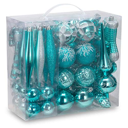 Product Cover AUXO-FUN 54 Pieces Assorted Christmas Ornaments Tree Decoration Baubles in Gift Box (Turquoise Blue, Gift Box)