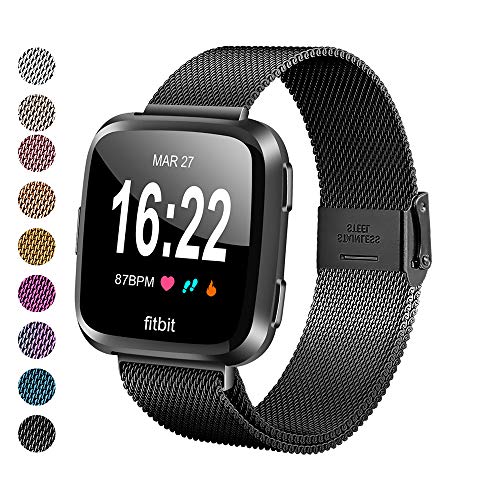 Product Cover MEFEO Compatible with Fitbit Versa Bands, Stainless Steel Metal Band Mesh Bracelet with Strong Magnet Lock Wristbands Replacement for Fitbit Versa/Versa 2/Versa Lite/SE (Black, Large)