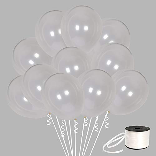 Product Cover Y wang 100Pack Clear Balloons, 12Inch Latex Balloons Transparent Color Premium Helium Quality Clear Balloons for Party Supplies and Decorations(with White Ribbon)