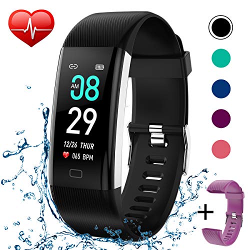 Product Cover KITPIPI Fitness Tracker Activity Tracker Watch with Heart Rate Monitor, Pedometer Waterproof Smart Watch Sleep Monitor, Step Counter, Calorie Counter, for Kids Women and Men (Black+Purple)