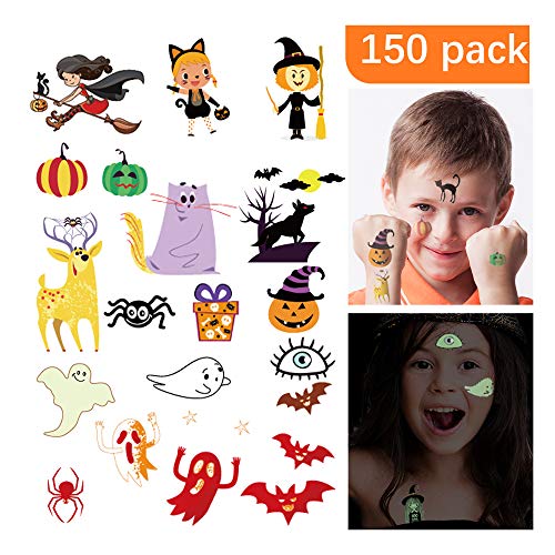 Product Cover HIGHEVER Temporary Tattoos for Kids, 150 Pack Temporary Halloween Tattoos,Including Glow in The Dark Children Tattoos Halloween,2(Glow in The Dark)+8(Normal) Safe Makeup for Kids (Halloween Tattoo)