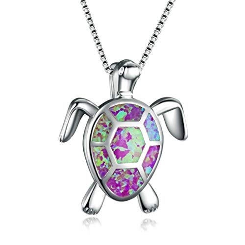 Product Cover Beiswe Cute Turtle Pendant Necklace Lovely Animals White Fire Opal 925 Sterling Silver Necklace Jewellery Gifts (Purple)