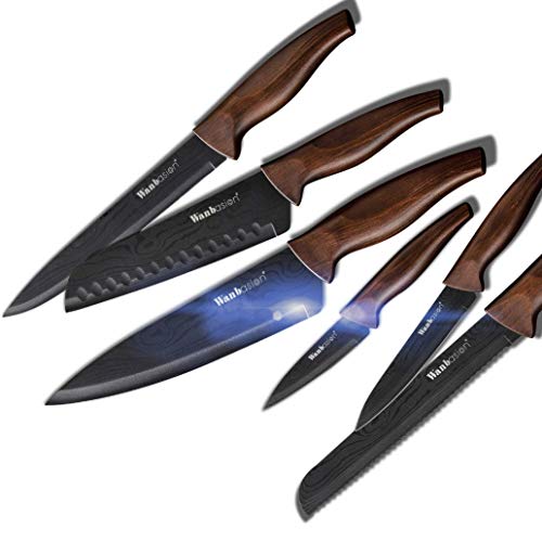 Product Cover Wanbasion Matte Black Titanium Plated Stainless Steel Kitchen Knife Set, Chef Kitchen Knife Set Professional, Dishwasher Safe Kitchen Knife Set with Damascus Style