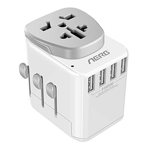 Product Cover Travel Adapter, Aerb 2500W High Power Universal Travel Adapter Worldwide All-in-One Plug with 4 USB Ports for US, Europe, UK, AUS More Than 150 Countries (Gray White)