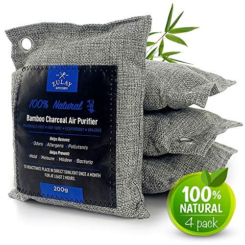 Product Cover Zulay 4 Pack 100% Natural Bamboo Charcoal Air Purifying Bags - Activated Charcoal Odor Absorber - Charcoal Bags 200g - Natural Air Fresheners & Odor Eliminators Removes Unpleasant Smells