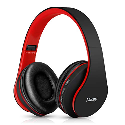 Product Cover Bluetooth Headphones Wireless,MKay Over Ear Headset V5.0 with Microphone, Foldable & Lightweight, Support Tf Card MP3 Mode and Fm Radio for Cellphones Laptop TV((Black-Red)