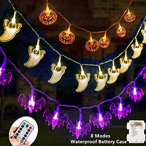 Product Cover Diojilad Halloween Fairy String Lights Halloween Decorations Lights Set of 3 Battery Operated Orange Pumpkins Bats Ghosts 30 LEDs Each for Halloween Party Decoration Outdoor Indoor with Remote Control