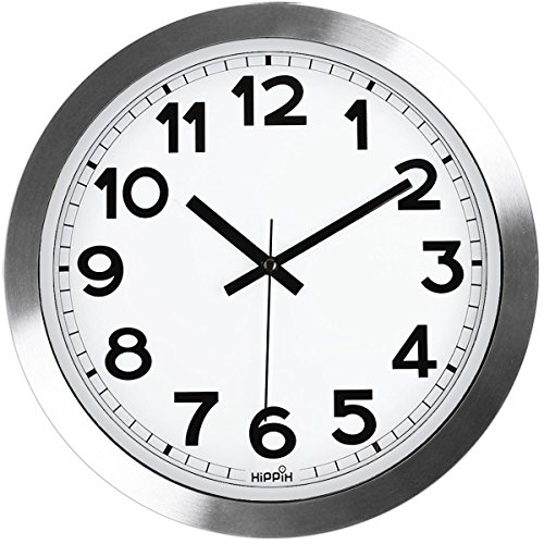 Product Cover Silent Wall Clock, HIPPIH12 Inch Quiet Non-Ticking Office Wall Clocks, Silver Aluminium Decorative Clocks for Bathroom/Kitchen/Home/School/Gym, Battery Operated