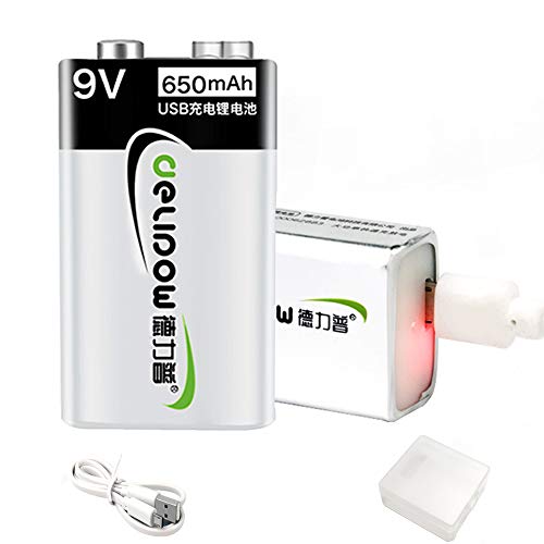 Product Cover Delipow 9V Lithium ion USB Rechargeable Battery, High Capacity 650mAh USB Rechargeable 9V Battery, 1.5 H Fast Charge, 800 Cycle with Micro USB Cable, 2-Pack