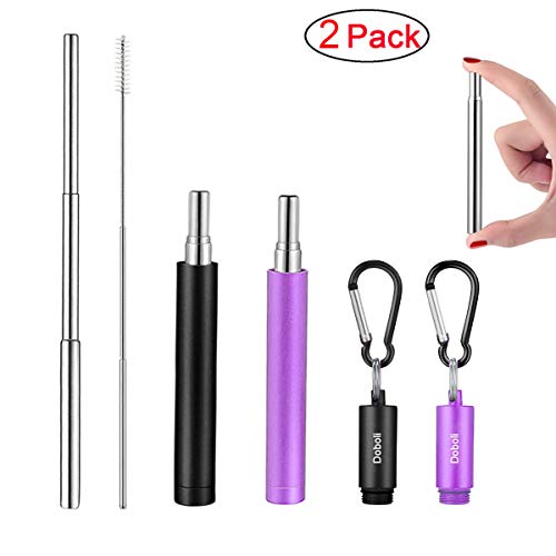 Product Cover 2 Pack Reusable Metal Straws Collapsible Stainless Steel Drinking Straw Portable Telescopic Straw with Case Black/Purple