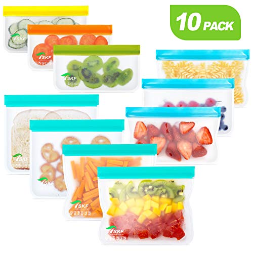 Product Cover TSKF Resuable Sandwich 10-Packs, 0.5mm PEVA Silicone Kids Snacks, FDA Grade Leakproof Reusable Plastic Free Food Storage Bag, Freez, 10-Pack 4 Lunch 3 3 Fruit, Red