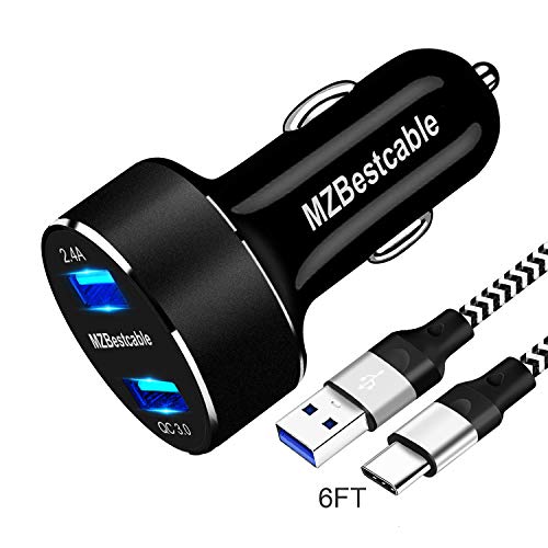 Product Cover Car Charger Fast Charging for Moto G7 G6 Play Power Plus,Z4 Z3 Z2 Z Play/Force,X4,One Action/Zoom,Alcatel 7,30W Adapter,2 USB Port:Quick Charge 3.0+2.4A+6FT USBC Cord-Not for Phone Motorola G6 Play 