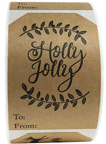 Product Cover Christmas Gift Tags Natural Kraft Holiday Present Stickers Holly Jolly Season's Greetings 4 Different Designs 2 x 3 Inch 100 Total Labels