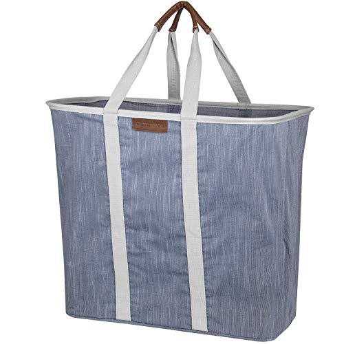Product Cover CleverMade Collapsible Laundry Tote Bag - Premium Pop-Up Utility Storage Basket with Handles - Extra Large Foldable Clothes Hamper with Sturdy Frame, Navy/Grey