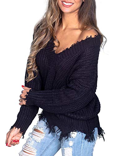Product Cover Elapsy Womens V Neck Long Sleeve Cotton Ripped Distressed Pullover Knitted Sweater
