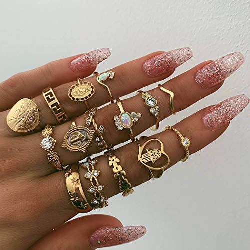 Product Cover Victray Boho Rings Gold Hollow Carved Ring Set Stylish Fashion Bracelets Hand Accessories Jewelry for Women and Girls(15 PCS)
