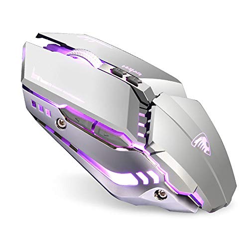 Product Cover TENMOS T12 Wireless Gaming Mouse Rechargeable, 2.4G Silent Optical Wireless Computer Mice with Changeable LED Light Compatible with Laptop PC, 7 Buttons, 3 Adjustable DPI (Silver)