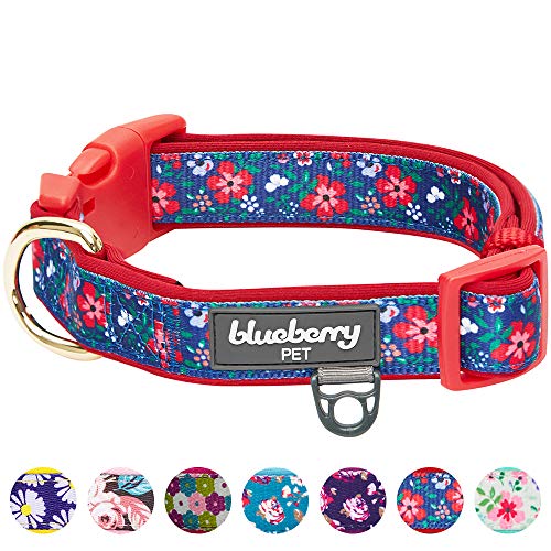 Product Cover Blueberry Pet 2020 New 7 Patterns Soft & Comfy Pretty Posies Spring Garden Navy Padded Adjustable Dog Collar, Large, Neck 18