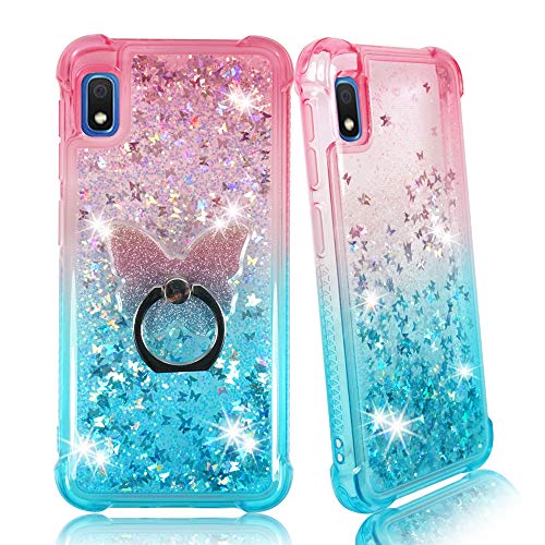 Product Cover Samsung A10E Clear Case, ZASE Liquid Glitter Sparkle Bling Compatible with Galaxy A10e 5.8 inch Shockproof Cute Floating 3D Butterflies Quicksand w/Phone Ring Holder Stand (Gradient Pink Aqua)