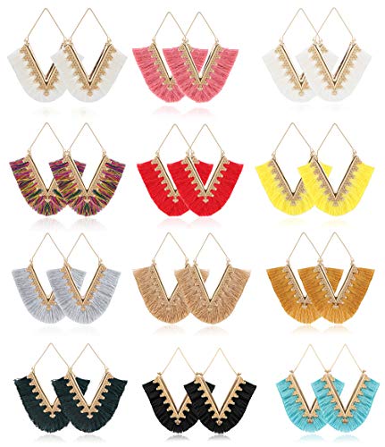 Product Cover Subiceto 12 Pairs Statement Tassel Earrings Handmade Bohemian Hanging Fringe Dangle Earrings for Women Colorful Earring Jewelry Set