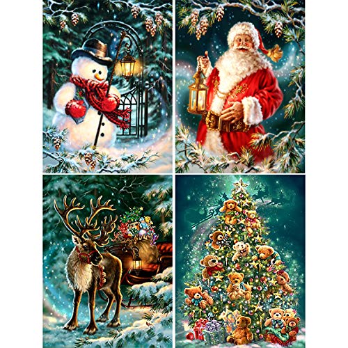 Product Cover 4 Pack 5D Christmas Diamond Painting for Adults by Number Kits, Snowman Santa Claus Reindeer and Christmas Trees Full Drill Paint with Diamonds Embroidery Rhinestone Home Decor 12x16 in (30x40 cm)