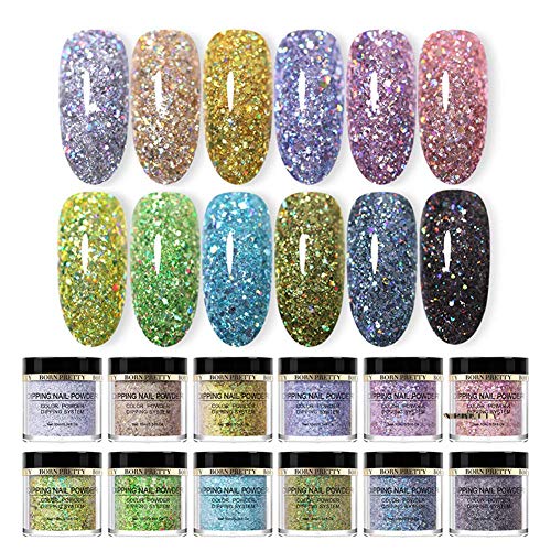Product Cover BORN PRETTY Glitter Dipping Nail Powder Set Natural Dry Laser Dip Nail Powder Starter Kit 12 Colors for Nail Extension without UV LED Lamp Cured