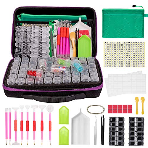 Product Cover 60 Slots Diamond Embroidery Box, 142pcs 5D Diamond Painting Tools Set, Container Jars, Multiplacers, Straightener, Tweezers, Trays, Clips, Boxes and More for Diamond Embroidery DIY Art Craft