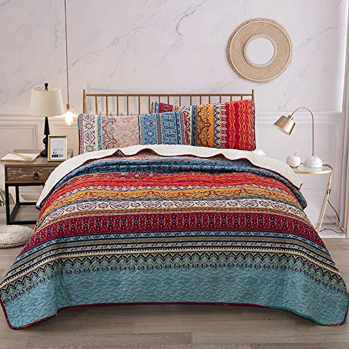 Product Cover Bohemian Quilt Set King, Boho Striped Pattern Printed Bedding Quilt Coverlet Set, Lightweight Microfiber Bedspread Set for All Seasons (3 Pieces, Colorful)