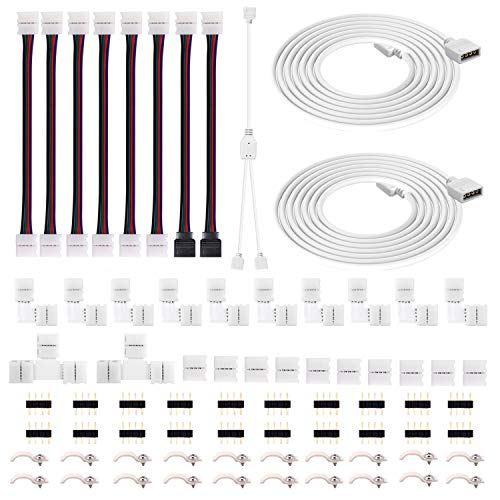 Product Cover Fntek LED Strip Connector Kit for 5050 RGB 4 Pin 10mm,with RGB Splitter Cable, LED Strip Jumper, T and L Shape Connector, 9 Types Accessories for LED Connector