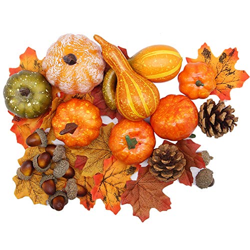 Product Cover winemana Thanksgiving Artificial Pumpkins Home Decoration Set, Mixture of 50 Artificial Harvest Decoration, 30 Fake Maple Leaves + 10 Fake Acorns + 2 Fake Pinecones + 8 Fake Pumpkins