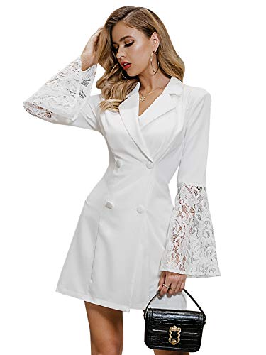 Product Cover Glamaker Women's Turn Down Collar Lace Flare Sleeve OL Blazer Dress Double Breasted Mini Bodycon Dress White
