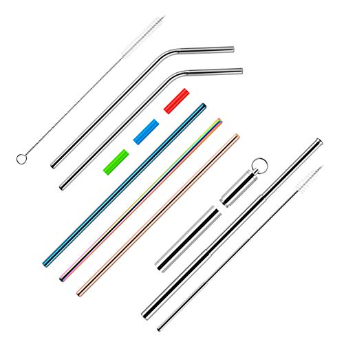 Product Cover Eco Friendly, Reusable Straws for Drinks - 6pc Assortment of Metal Straws (Stainless Steel Straws): 3 Straight Straws, 2 Bent Straws, 1 Collapsible Metal Straw, 2 Cleaning Brushes