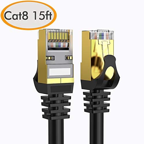 Product Cover Cat 8 Ethernet Cable 15 ft Shielded, 26AWG Lastest 40Gbps 2000Mhz SFTP Patch Cord, Heavy Duty High Speed Cat8 LAN Network RJ45 Cable- in Wall, Outdoor, Weatherproof Rated for Router, Modem, Gaming