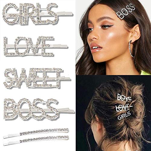 Product Cover 6Pcs Sparkly Letter Hair Clip Word Barrettes Pins Crystal Bobby Pins Bling Handmade Luxury Rhinestones Hair Jewellery Headwear Accessories Gold for Women Girls
